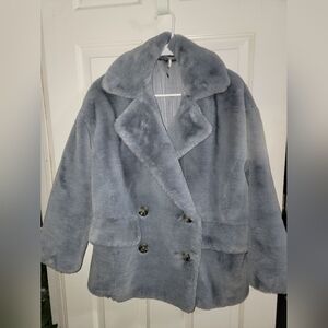 Free People Faux Fur Coat Silver Blue Lined. front Pockets Sz Small